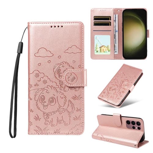 Funda de cuero tipo billetera con bloqueo RFID para Samsung Galaxy S23 Ultra 5G, con diseño de corazón y perro en relieve (oro rosa)