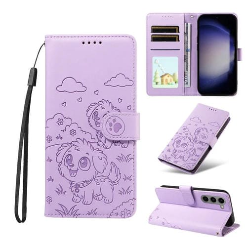 Funda de cuero tipo billetera con bloqueo RFID y diseño de corazón de perro en relieve para Samsung Galaxy S23 5G (morado)