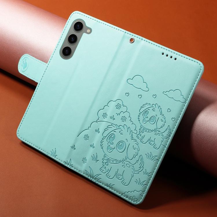 Funda de cuero con bloqueo RFID para Samsung Galaxy S23+ 5G, con diseño de corazón en relieve y perro (verde)