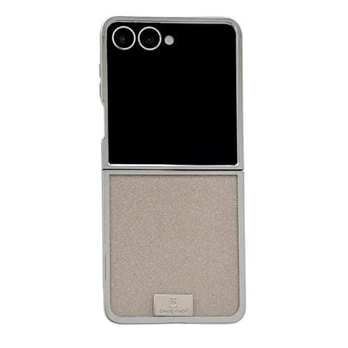 Funda para Samsung Galaxy Z Flip5 con marco chapado, papel brillante y placa de identificación de cobertura completa (dorada)
