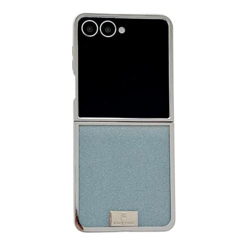 Funda para Samsung Galaxy Z Flip7 5G con marco chapado, placa de identificación de papel brillante y cobertura total (azul)