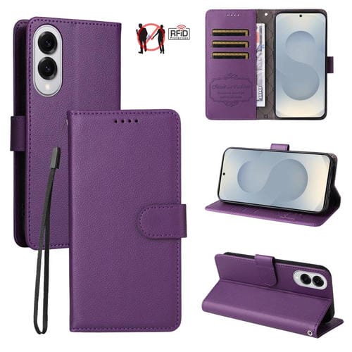 Funda de cuero tipo billetera con bloqueo RFID para Samsung Galaxy S25 Edge 5G, textura Litchi, para 3 tarjetas (morado)