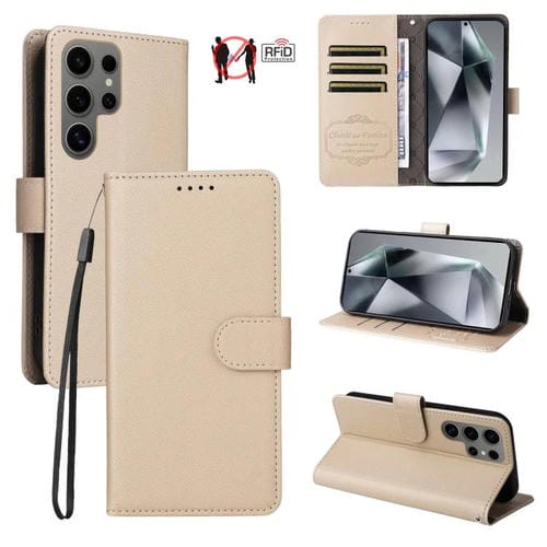 Funda de cuero tipo billetera con bloqueo RFID para Samsung Galaxy S24 Ultra 5G, textura Litchi, para 3 tarjetas (beige)