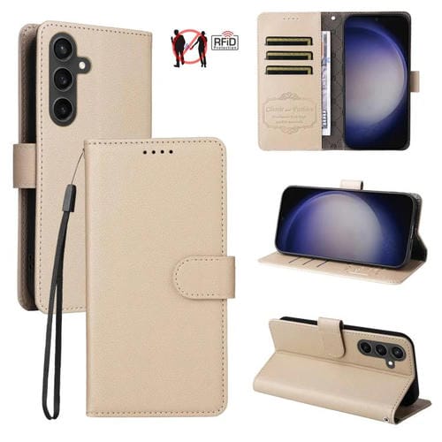 Funda de cuero tipo billetera con textura Litchi y bloqueo RFID para Samsung Galaxy S23 FE 5G (beige)