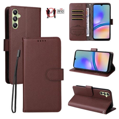 Funda de cuero con textura Litchi para Samsung Galaxy A05s, con bloqueo RFID y capacidad para 3 tarjetas (marrón)