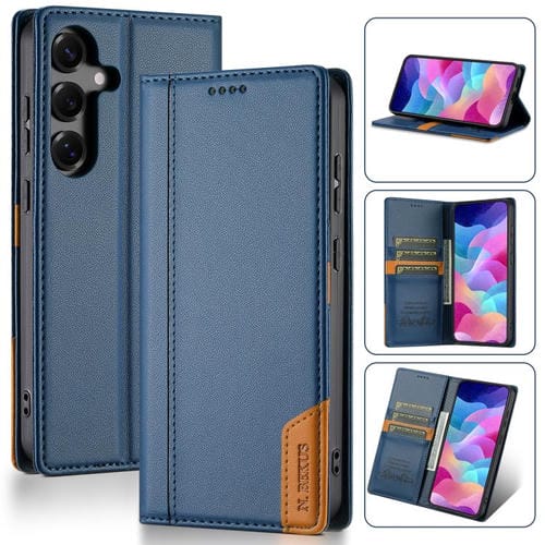Funda de cuero con tapa magnética y costuras RFID para Samsung Galaxy S25 FE 5G N.BEKUS P3 (azul)
