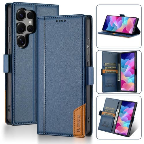 Funda de cuero con tapa magnética y costuras RFID para Samsung Galaxy S22 Ultra 5G N.BEKUS P3 (azul)