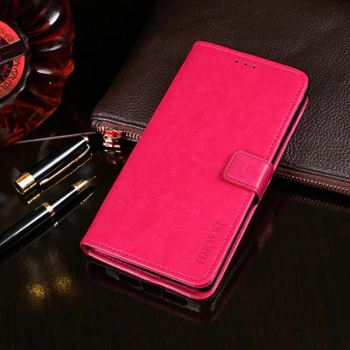 Para Motorola Moto G9 Play idewei Crazy Horse Texture Funda de cuero con tapa horizontal con soporte, ranuras para tarjetas y billetera (rosa roja)