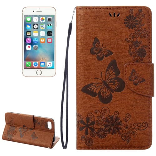 Funda de Cuero para iPhone 8 y 7 con Tapa Horizontal, Diseño Mariposa Flores Prensadas, Soporte, Ranuras para Tarjetas y Billetera (Marrón)