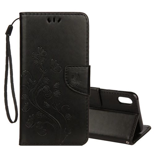 Funda de Cuero para iPhone Xs Max Patrón Mariposa En Relieve con Tapa Horizontal Ranura para Tarjeta Soporte Billetera Cordón (Negro)
