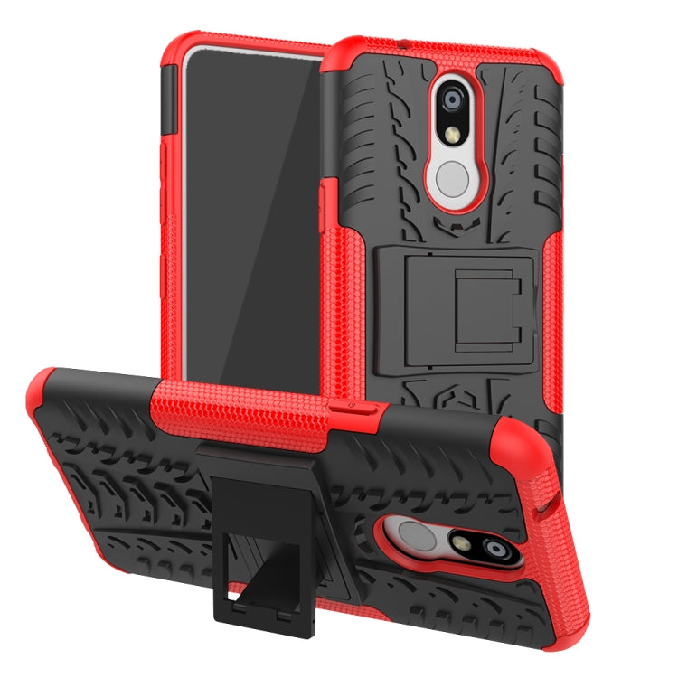 Estuche LG K40 con Patrón de Neumáticos PC + TPU a Prueba de Golpes con Soporte (Rojo)