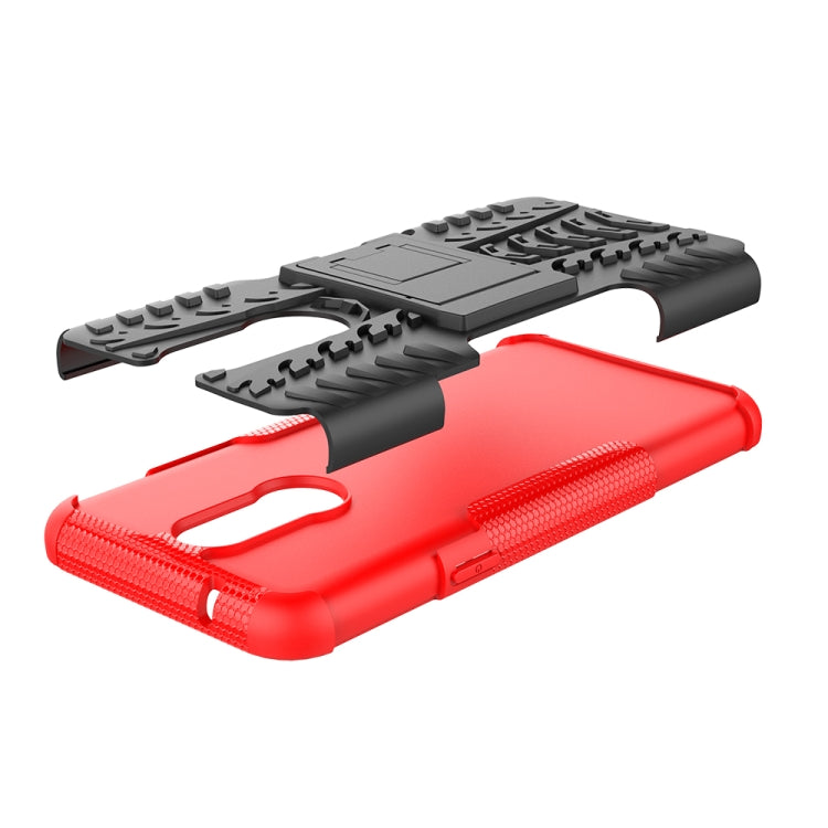 Estuche LG K40 con Patrón de Neumáticos PC + TPU a Prueba de Golpes con Soporte (Rojo)