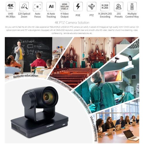 Cámara PTZ Feelworld UHD4K12X 4K con Zoom Óptico 12X, Enfoque Automático, SDI, HDMI, USB y Control Remoto IP (Enchufe Australiano)