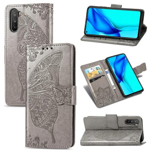 Para Huawei Mate 40 Lite / Maimang 9 Butterfly Love Flower Funda de cuero con tapa horizontal en relieve con soporte, ranuras para tarjetas, billetera y cordón (gris)