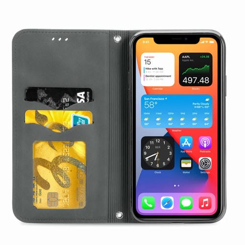Funda de Cuero para iPhone 12 Pro Max con Tapa Horizontal Magnética Soporte Ranuras Tarjetas Billetera Marco Fotos (Gris)