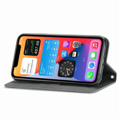Funda de Cuero para iPhone 12 Pro Max con Tapa Horizontal Magnética Soporte Ranuras Tarjetas Billetera Marco Fotos (Gris)