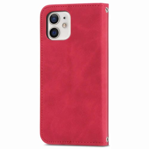 Funda de Cuero para iPhone 12 Mini Retro Skin Feel Business con Tapa Horizontal Magnética Soporte Ranuras Tarjetas Billetera Marco de Fotos (Rojo)