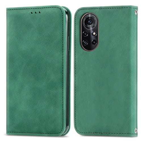 Capa retro de la piel de la piel de la piel Caja de cuero horizontal magnética con el soporte y las tragamonedas y la cartera y el marco de la foto para Huawei Nova 8 Pro (Green)