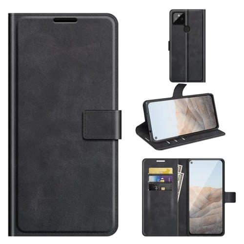 Para Google Pixel 5a Retro Becerro patrón Hebilla Horizontal Flip Funda de cuero con soporte y tragamonedas y billetera (Negro)