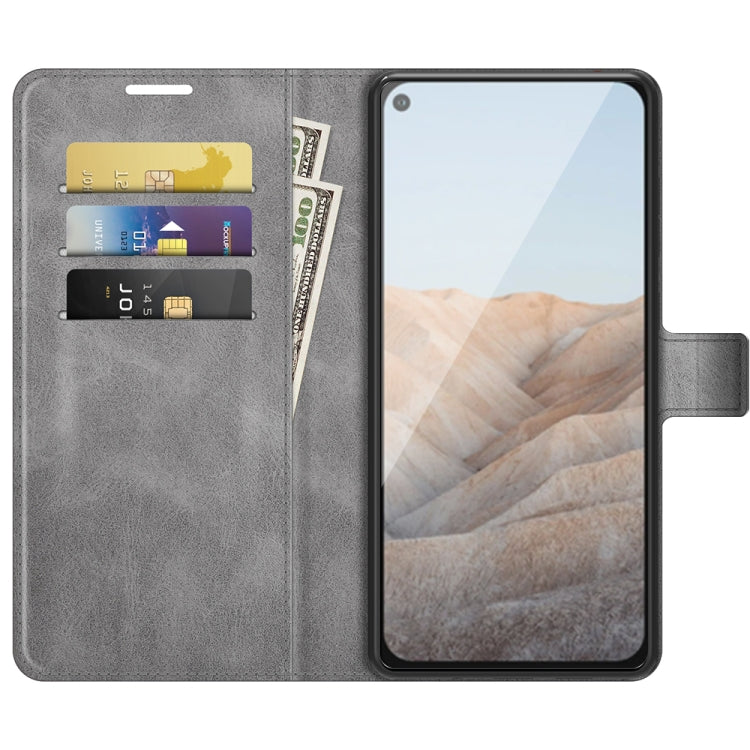 Para Google Pixel 5a Retro Becerro patrón Hebilla Horizontal Flip Funda de cuero con soporte y ranuras para tarjetas y billetera (gris)