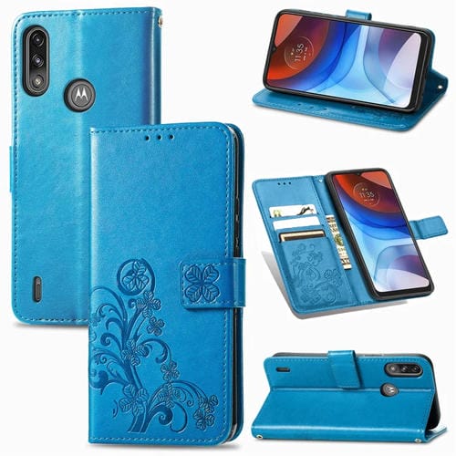 Para Motorola E7 Potencia Cierre de cuatro hojas Hebilla en relieve Protección de teléfono móvil Funda de cuero con cordón y ranura para tarjeta y función de billetera y soporte (azul)