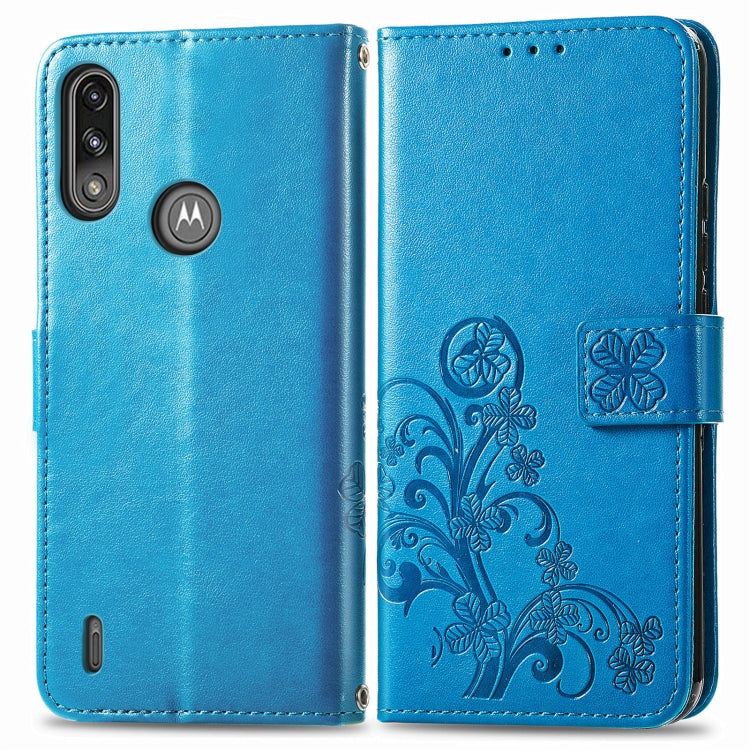 Para Motorola E7 Potencia Cierre de cuatro hojas Hebilla en relieve Protección de teléfono móvil Funda de cuero con cordón y ranura para tarjeta y función de billetera y soporte (azul)