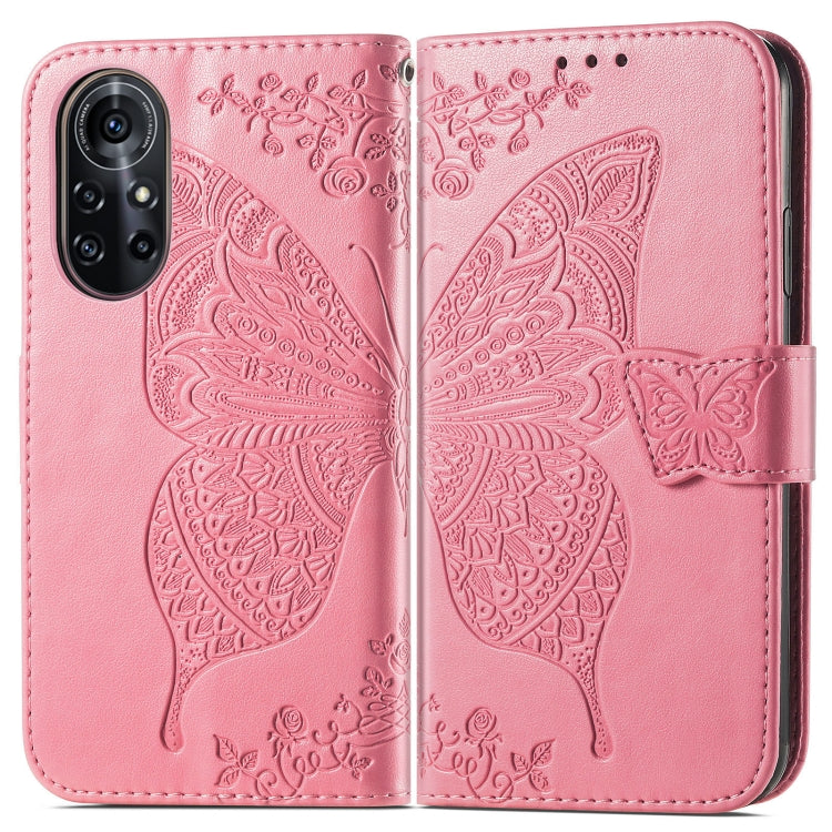 Para Huawei Nova 8 Pro Butterfly Love Flower FLIP Horizontal Flip Funda de cuero con soporte y ranura para tarjeta y billetera y cordón (rosa)