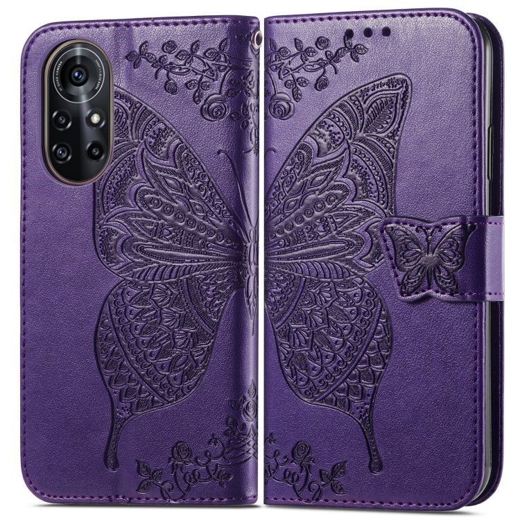Para Huawei Nova 8 Pro Butterfly Love Flower Flower Horizontal Flip Funda de cuero con soporte y ranura para tarjeta y billetera y cordón (morado oscuro)