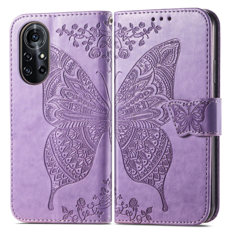 Para Huawei Nova 8 Pro Butterfly Love Flower Flower Horizontal Flip Funda de cuero con soporte y ranura para tarjeta y billetera y cordón (púrpura claro)