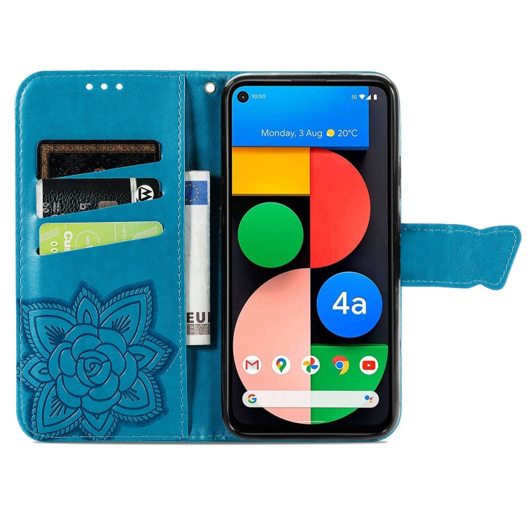 Para Google Pixel 5A Butterfly Love Flower Horizontal Flip Funda de cuero con soporte y ranura para tarjeta y billetera y cordón (azul)
