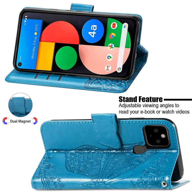 Para Google Pixel 5A Butterfly Love Flower Horizontal Flip Funda de cuero con soporte y ranura para tarjeta y billetera y cordón (azul)