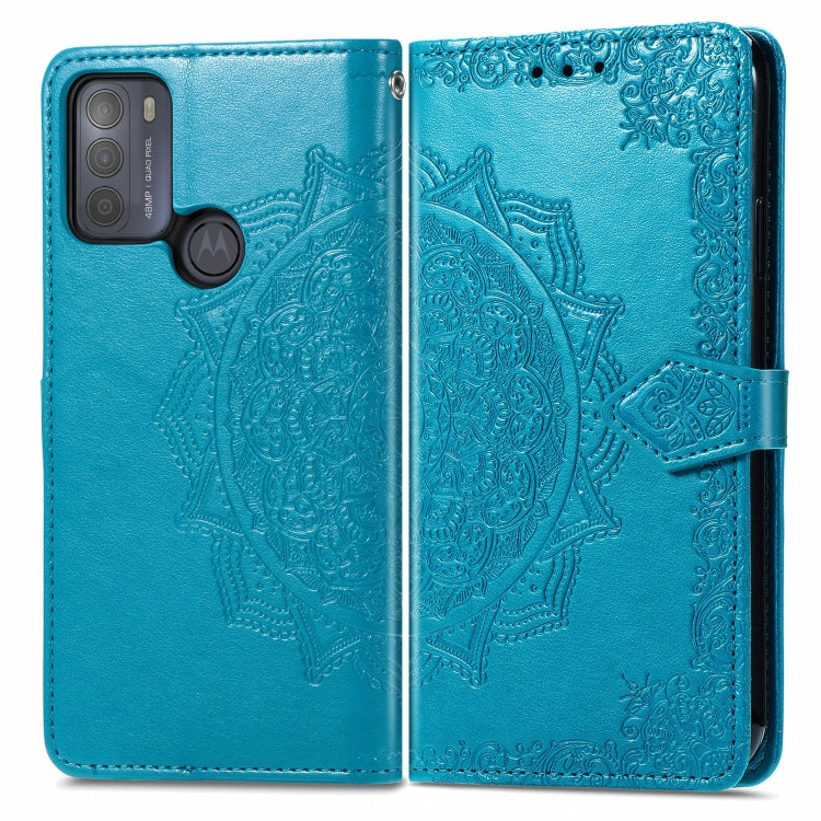 Para Motorola Moto G50 Mandala patrón de estampado de estampado horizontal Funda de cuero con soporte y tragamonedas y billetera y cordón (azul)