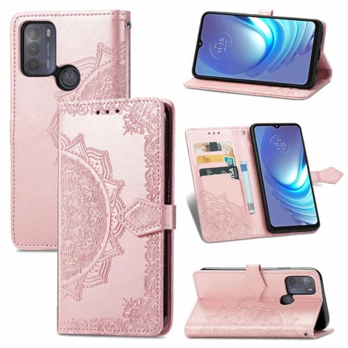 Para Motorola Moto G50 Mandala patrón de estampado en relieve Funda de cuero con soporte y ranuras para tarjetas y billetera y cordón (oro rosa)