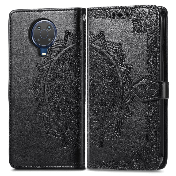 Para Nokia 6.3 Mandala Patrón de estampado en relieve Funda de cuero con soporte y ranuras para tarjetas y billetera y cordón (negro)