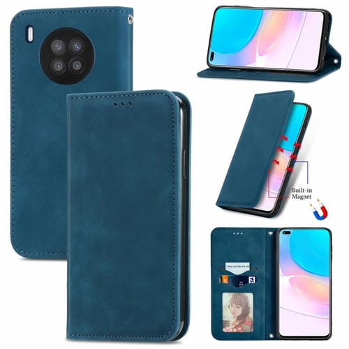 Para Huawei Nova 8i retro piel sensación de cuero horizontal magnético Funda de cuero con soporte y ranuras para tarjetas y marco de fotografía (azul)