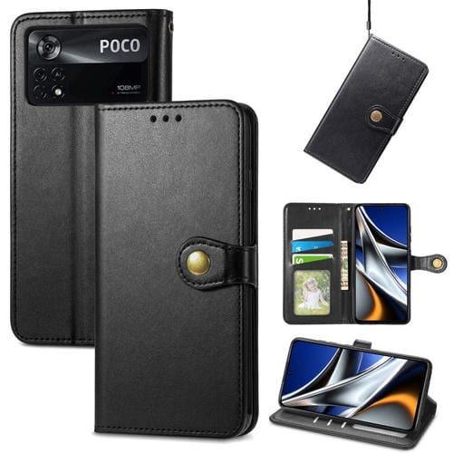 Para Xiaomi Poco X4 Pro 5G Retro Color Sólido Color Hebilla Caja de cuero (Negro)