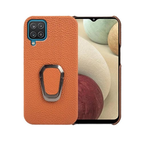 Para Samsung Galaxy A12 Ring Holder Litchi Texture Funda de teléfono de cuero genuino (marrón)