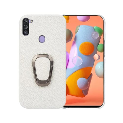 Para Samsung Galaxy A11 US Version Ring Holder Litchi Texture Funda de cuero genuino para teléfono (Blanco)