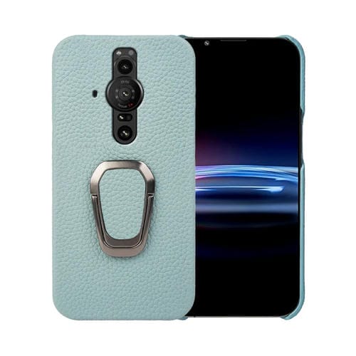 Para Sony Xperia Pro-l Ring Holder Litchi Texture Funda de teléfono de cuero genuino (cian)