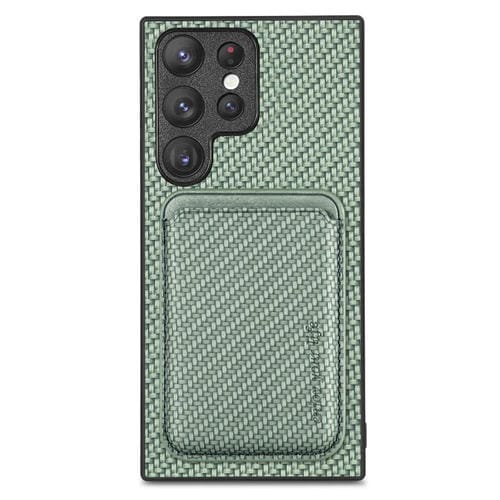 Para Samsung Galaxy S22 Ultra 5G Tarjeta de cuero de fibra de carbono Magsafe Funda magnética para teléfono (Verde)