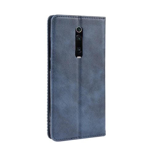 Funda de Cuero con Tapa Horizontal con Textura de Caballo Loco Retro con Hebilla Magnética para Xiaomi Redmi K20 / K20 Pro, con Soporte, Ranuras para Tarjetas y Marco de Fotos (Azul)