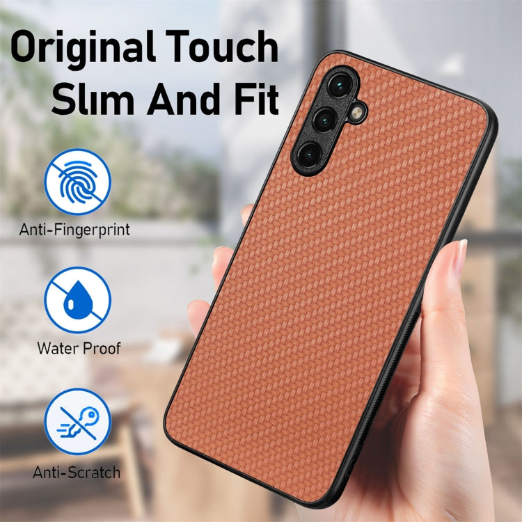 Para Samsung Galaxy A34 5G Funda trasera de cuero con textura de fibra de carbono para teléfono (marrón)