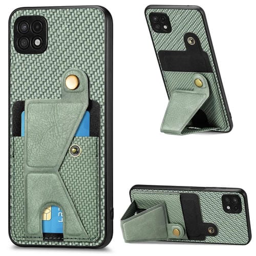 Para Samsung Galaxy A22 5G Cartera de fibra de carbono Flip Card Funda para teléfono con soporte en forma de K (Verde)