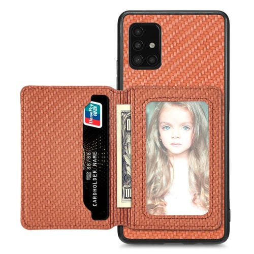 Para Samsung Galaxy A51 5G Fibra de Carbono Tarjeta Magnética Cartera Funda para Teléfono (Marrón)