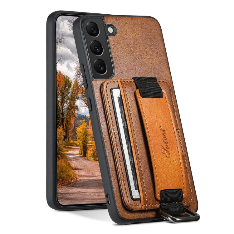 Para Samsung Galaxy S22+ 5G Suteni H13 Tarjeta Monedero Correa para la muñeca Titular PU Funda para teléfono (marrón)