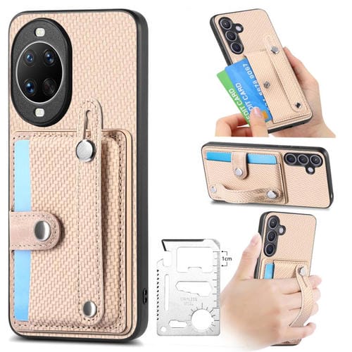 Funda trasera para Huawei nova 14 Ultra con correa de muñeca, soporte para tarjetas, billetera y cuchillo (caqui)