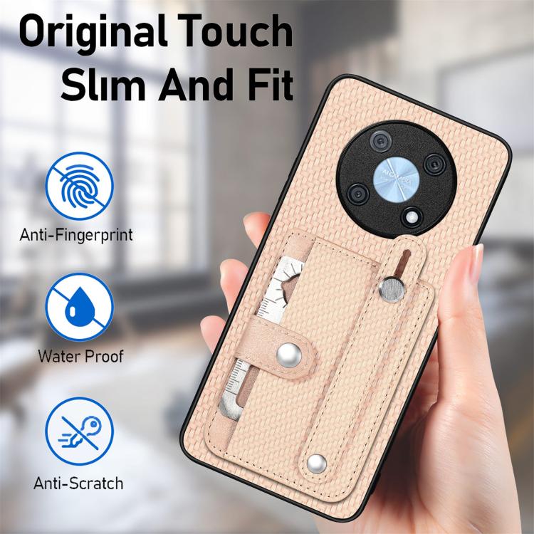 Funda trasera para Huawei nova 14 Ultra con correa de muñeca, soporte para tarjetas, billetera y cuchillo (caqui)