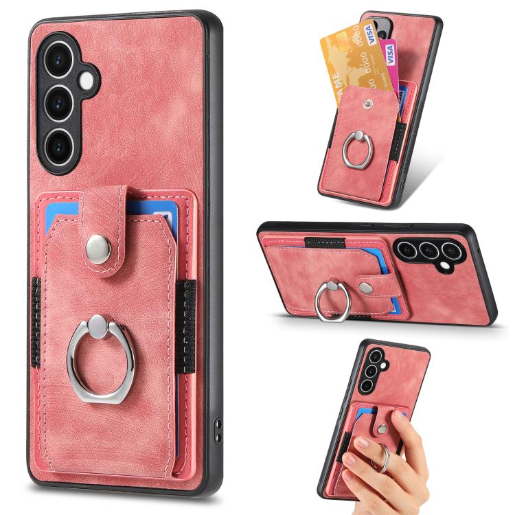 Funda tipo cartera con anillo y tarjetero para Samsung Galaxy S24 FE 5G, estilo retro, con tacto de piel (rosa)