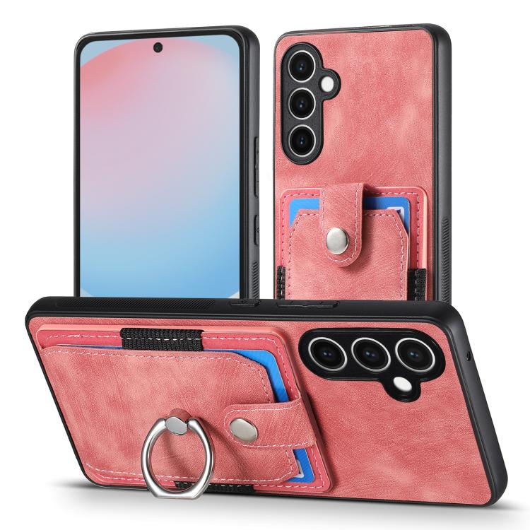 Funda tipo cartera con anillo y tarjetero para Samsung Galaxy S24 FE 5G, estilo retro, con tacto de piel (rosa)