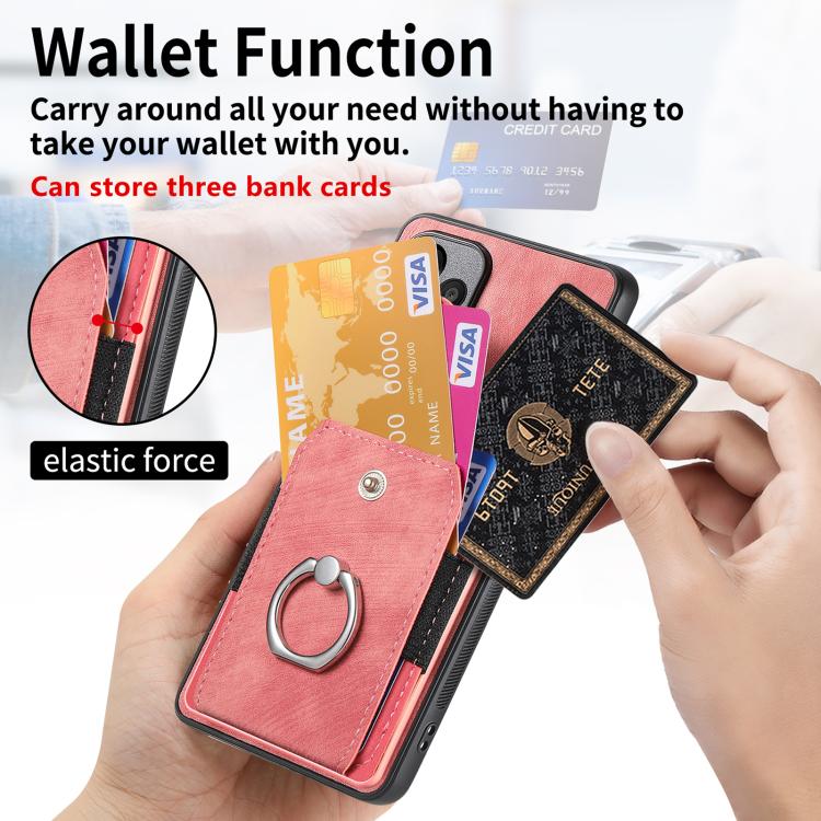 Funda tipo cartera con anillo y tarjetero para Samsung Galaxy S24 FE 5G, estilo retro, con tacto de piel (rosa)